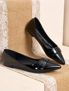 Pointed Toe Low Vamp Bow Flat Shoes, Delicate Satin Texture Soft And Premium Feel, Versatile Shoes - Deep Black - View 4