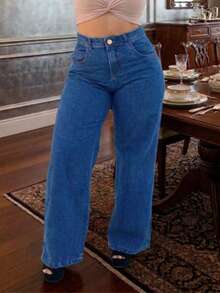 Calça Wide Leg Pantalona Jeans Feminina Cintura Alta  Sem Laycra Levanta Bumbum PLUS Size Tam 36 ao 54 - Lavagem escura - Visão 1