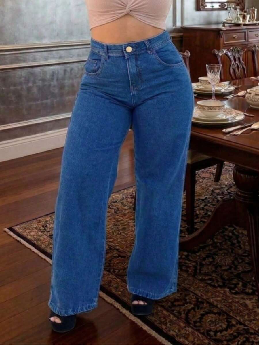 Calça Wide Leg Pantalona Jeans Feminina Cintura Alta  Sem Laycra Levanta Bumbum PLUS Size Tam 36 ao 54 - Lavagem escura - Visão 1