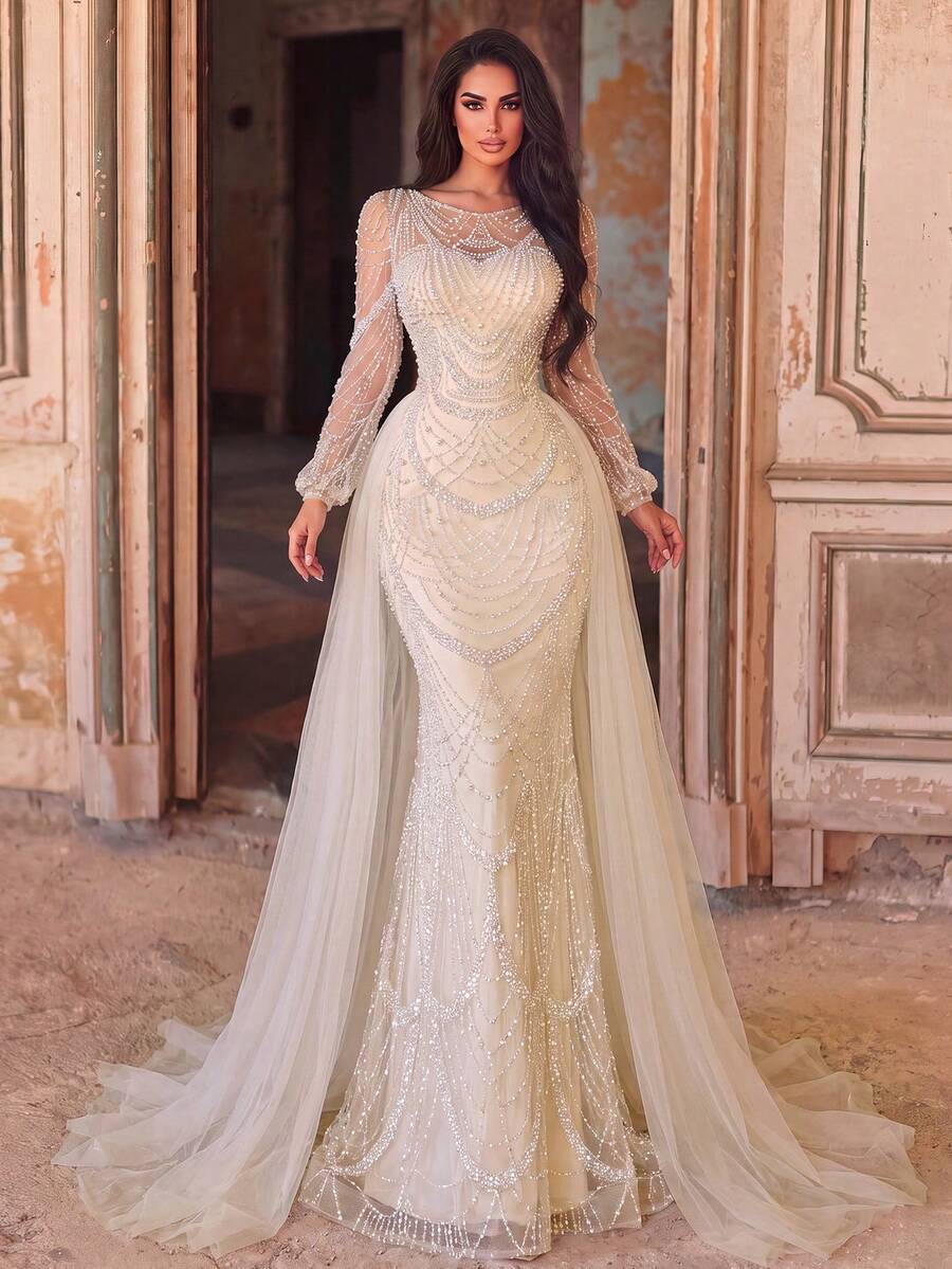 Faeriesty Long Sleeve Evening Gown, Decorated With Intricate Pearl Embroidery And Geometric Sequin Patterns, Multi-Layered Tulle Skirt Fall Wedding Party