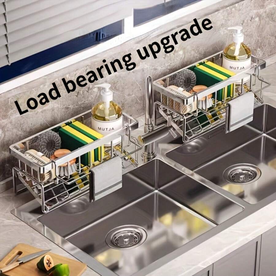 1pc Stainless Steel Sink Caddy With Drainage Tray - Rust-Proof Kitchen Storage For Sponges, Soap Dispenser And Cleaning Cloths - Durable Countertop Accessory, Kitchen Sink Sponge Holder, Kitchen Storage, Kitchen Accessories, Sink Drain Rack, Christmas, Halloween Essential