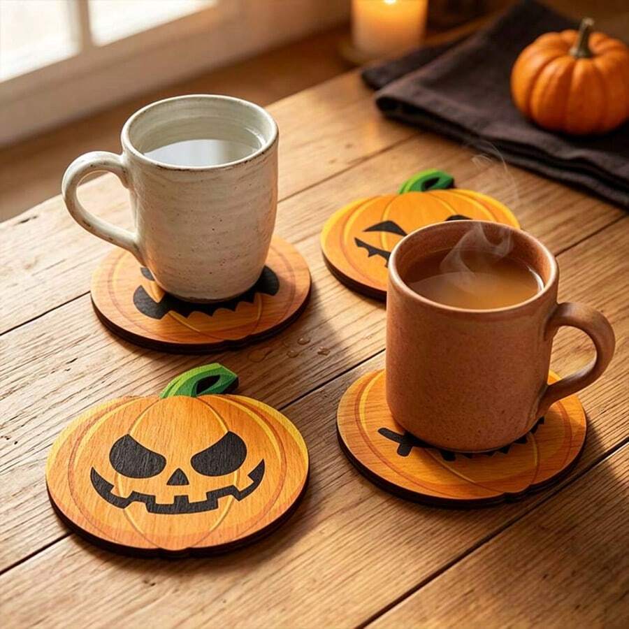 4pcs Wooden Halloween Pumpkin Coasters, Non-Slip Heat-Resistant Drink Mats, Scary Jack Pumpkin Cup Holders, Suitable For Holiday Party Home Kitchen Dining Table Decor - Orange - View 1