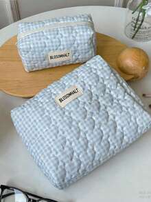 BLOSOMHALT 3pcs Cute Blue Plaid Heart Quilted Down Cosmetic Bag Set, Korean Aesthetic Thickened Makeup Travel Storage Bag With Handle And Woven Label, Suitable For Women And Girls - Blue - View 3