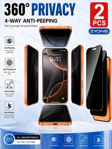 ZYONS 2pcs 360° Full Coverage 4-Side Anti-Peeping Tempered Glass Screen Protector Compatible With IPhone 18 Pro Max/18 Fold/17/16/15/14/13/12/11/XS All Series, Privacy Protection From Top/Bottom/Left/Right, Anti-Peeping, Anti-Fall, Anti-Explosion, Anti-Fingerprint, Anti-Scratch, Wear-Resistant, High Definition, High Transparency, Full Screen Coverage, Oleophobic, Sweat-Resistant Phone Screen Protector - 2pcs - View 12