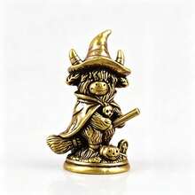 Brass Vintage Distressed Small Figurine Magic Highland Cow Riding A Broom Statue Ornament Halloween Decor Home Decoration Copper Sculpture Collector Gift - 1PC - View 8