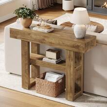 LITTLE TREE 105cm Farmhouse 2-Tier Console Table Narrow Storage Sofa Table Behind Couch For Hallway Foyer Living Room Light Brown - Light Brown - View 3