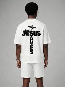 Men's Summer Fashion Cross Jesus Pattern Print Graphic Short Sleeve T-Shirt And Shorts 2pcs Set Casual Daily Outfit - White - View 1