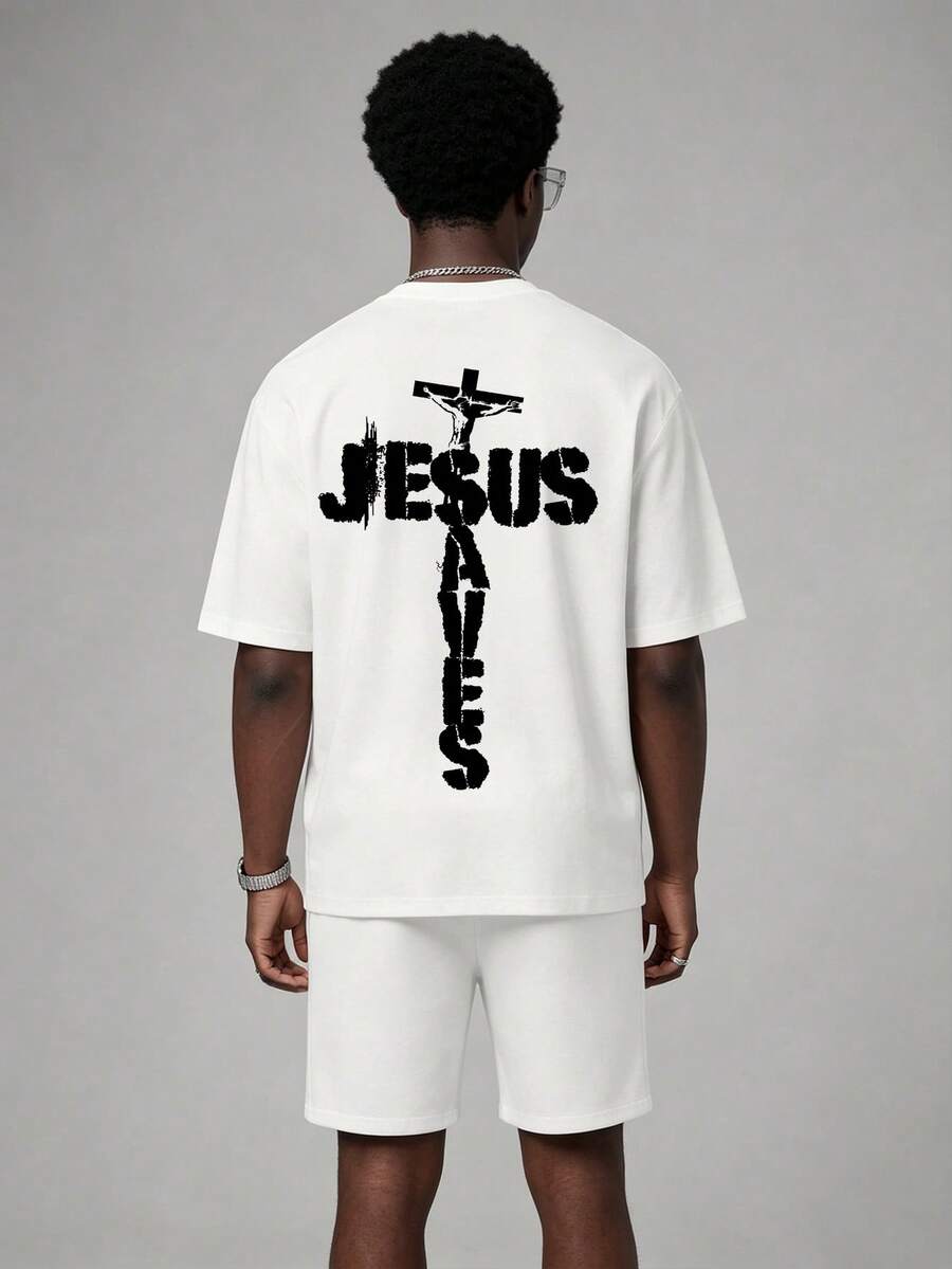 Men's Summer Fashion Cross Jesus Pattern Print Graphic Short Sleeve T-Shirt And Shorts 2pcs Set Casual Daily Outfit - White - View 1