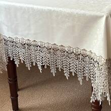 1件白色PU桌布，附刺繡流蘇裝飾，客廳餐桌裝飾，婚禮節日派對桌布 - 白色 - 查看 4