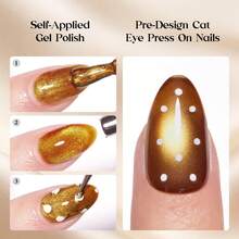 Beetles Maple Brown Cat Eye Press-On Nails, Short Almond Polka Dot False Nails With Glue & Adhesive Tabs, Ready-To-Press Fall Manicure Kit - Brown Cat Eye Short Almond Polka Dot Design - 查看 5