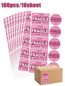 100pcs/10sheet Pink Fragile Stickers With Caution Warning Stickers Thank You Stickers For Moving Express Shipping And Packaging Permanent Adhesive Labels 3inchx2inch - Cartoon - View 1