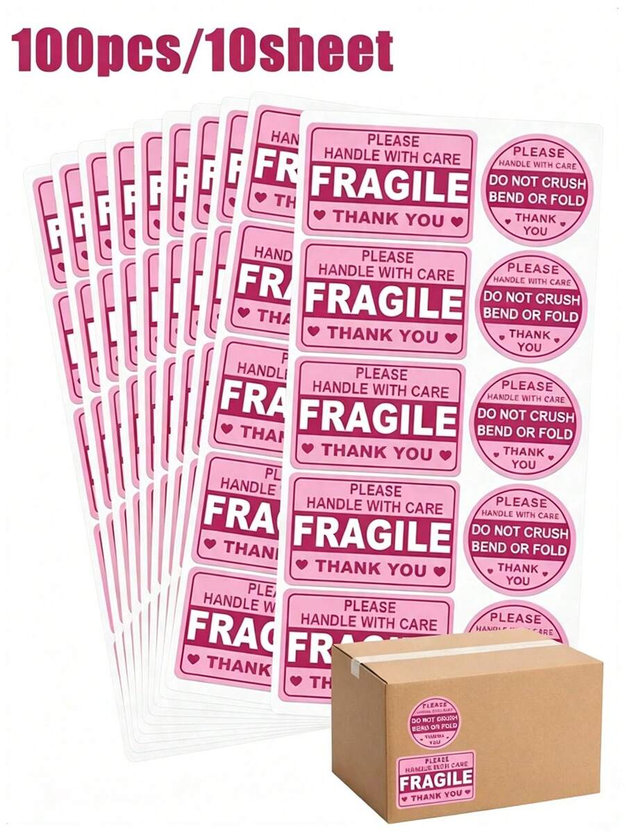 100pcs/10sheet Pink Fragile Stickers With Caution Warning Stickers Thank You Stickers For Moving Express Shipping And Packaging Permanent Adhesive Labels 3inchx2inch - Cartoon - View 1