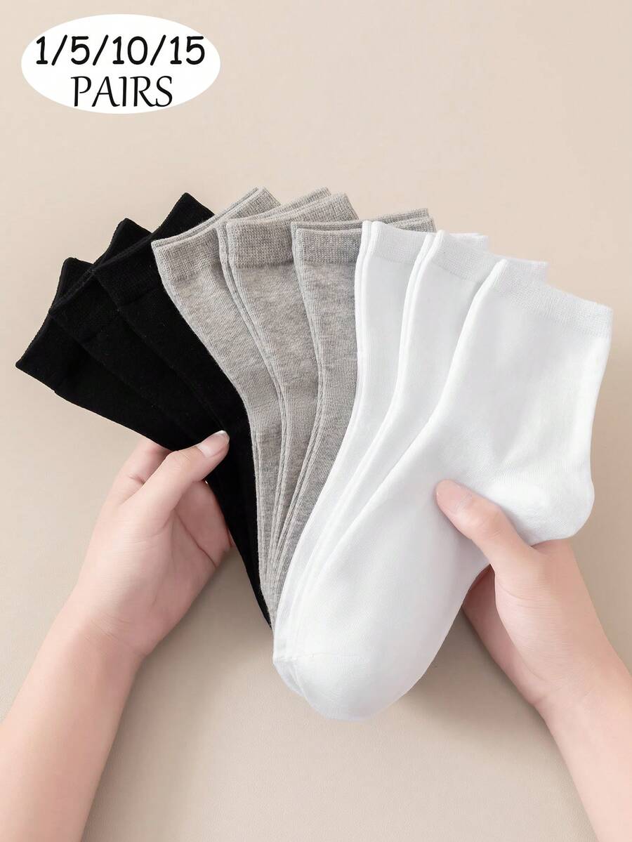1/5/10/15 Pairs Unisex Socks, Thick Cuff Sports Socks, White & Black & Grey Mid-Calf Socks, Long Socks, Solid Color Minimalist Fashion Casual, Suitable For Daily Wear And Indoor Use - Multicolor - View 1