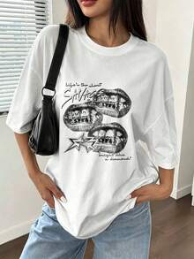 Women Y2K Oversized Printed T-Shirt Casual Loose Drop Shoulder Short Sleeve Top - 白色 - 查看 2