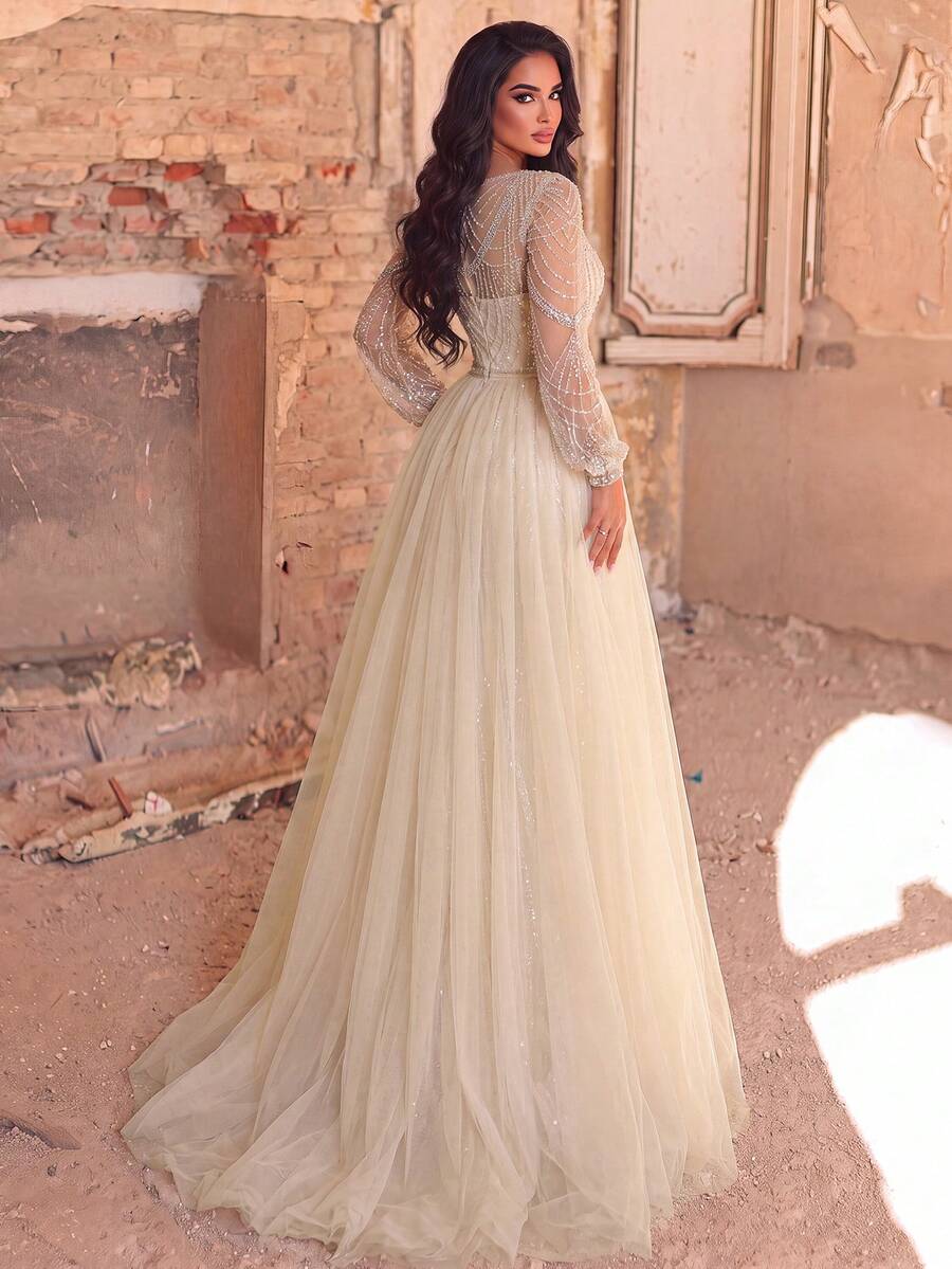 Faeriesty Long Sleeve Evening Gown, Decorated With Intricate Pearl Embroidery And Geometric Sequin Patterns, Multi-Layered Tulle Skirt Fall Wedding Party