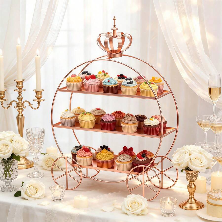 3-Tier Crown Cake Stand With Wheels – Rose Gold Carriage Cupcake Display Rack For Wedding, Afternoon Tea & Birthday. Non-Food Contact Metal Dessert Tower, Sturdy Pastry Holder & Elegant Tabletop Decor - 玫瑰金 - 查看 1