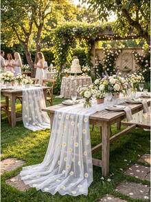 1pc Daisy Rectangular Table Runner, 75cm*180cm Mesh Table Runner, Suitable For Country Wedding Reception, Wedding Banquet, Birthday Decoration, Home Decor, Floral Theme Party Decoration, Baby Shower, Dining Table Decor - White Daisy - View 9