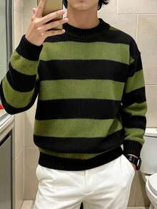 1pc Boys/Teenagers Back To School Season Minimalist Striped Colorblock Sweater - Green - View 1