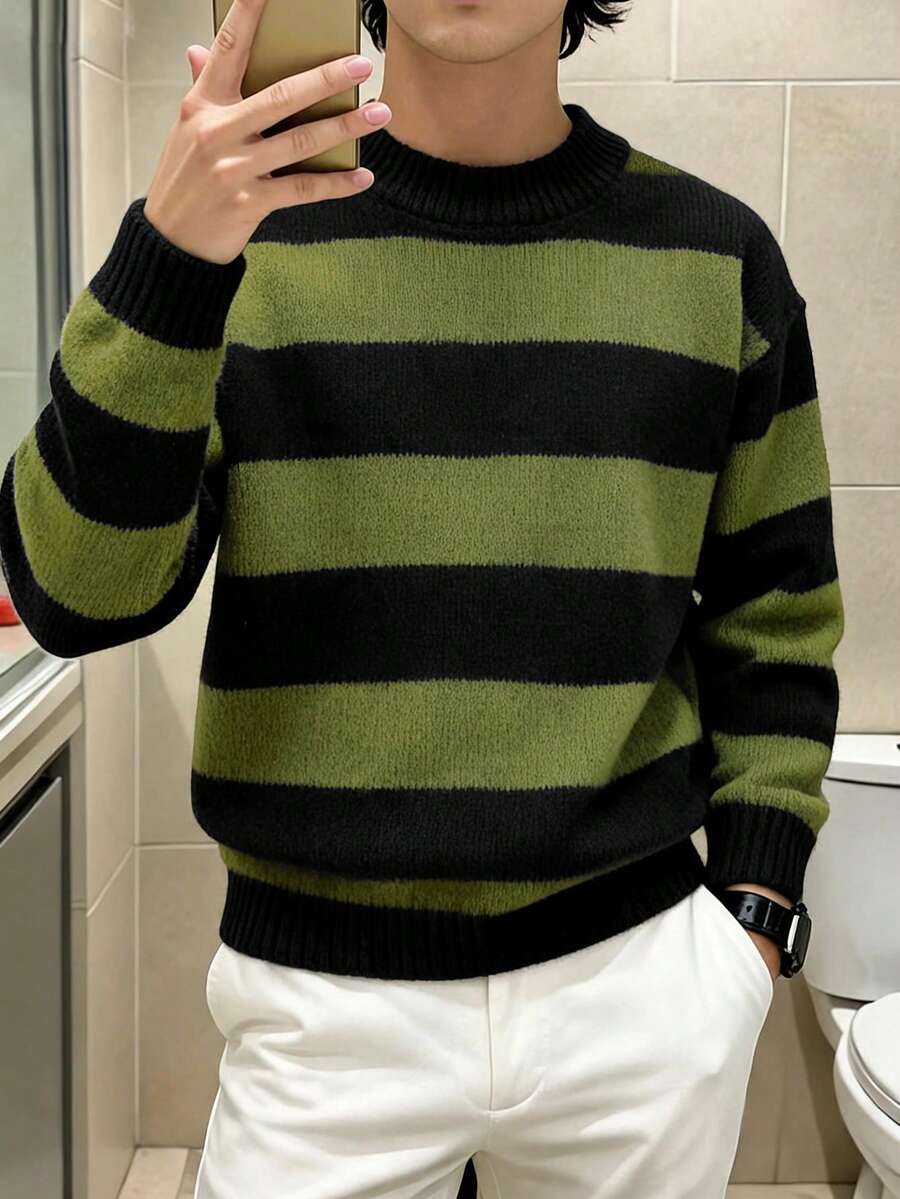 1pc Boys/Teenagers Back To School Season Minimalist Striped Colorblock Sweater - Green - View 1