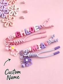 Custom Braided Beaded Bag Charm, Flower And Letter Lanyard, Personalized Colorful Name Keychain, Holiday Gift, For Mom/Girlfriend - Multicolor - View 3