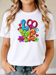 Women's Casual Black Short-Sleeve Round-Neck T-Shirt, Printed With Interesting Cartoon Patterns, Including The Word "LOVE," Regular Fit - 白色 - 查看 1