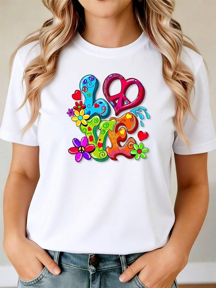 Women's Casual Black Short-Sleeve Round-Neck T-Shirt, Printed With Interesting Cartoon Patterns, Including The Word "LOVE," Regular Fit - 白色 - 查看 1