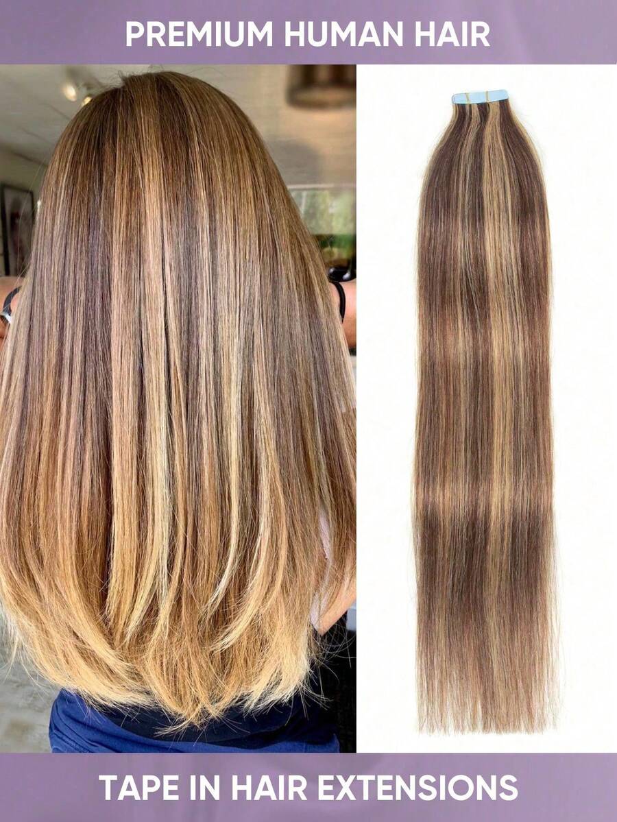 20pcs Tape-In Hair Extensions, Real Human Hair, 14-22 Inches, Painless Double-Sided Tape-In, Invisible Tape-In Hair Extensions, Straight, Suitable For Party, Halloween Costumes