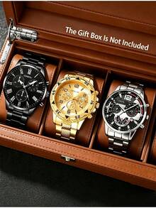 3pcs Men's Chronograph Quartz Watch, Stainless Steel Metal Strap Multi-Dial Analog Watch, Suitable For Daily Wear Or Gift Giving - Black - View 1