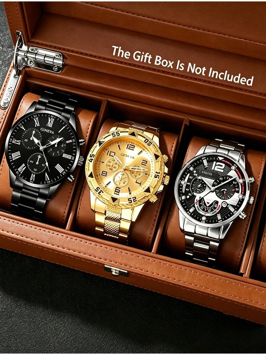 3pcs Men's Chronograph Quartz Watch, Stainless Steel Metal Strap Multi-Dial Analog Watch, Suitable For Daily Wear Or Gift Giving - Black - View 1