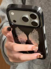 Korean Style Premium Diamond Texture Angel Wings Phone Case Compatible With Apple 17 Pro Max, 16 New 17, 15, 17 Pro, Anti-Drop Protective Cover, Creative Unisex Design - Black - View 5
