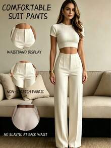 Women's 2pcs Wide Leg Pants Set, Black & White Solid Color Loose Trousers, Effortless Style - Black and White - View 6