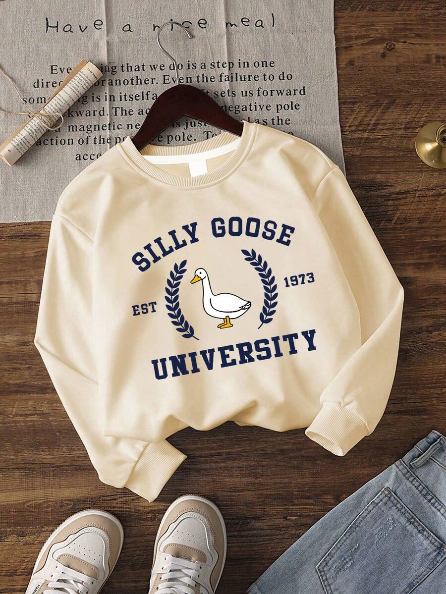 Big Girl Cute Duck Playful Round Neck Long Sleeve Pullover Sweater, Autumn/Winter Style, Girls Winter Outfit - Apricot - View 1