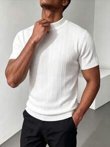ZYNTH BALENO Men's Summer Fashion Mock Neck Vertical Striped Short Sleeve Sweater, Suitable For Gym And Outdoor Sports - White - View 4