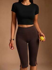 New Versatile Solid Color Elastic Slim Fit Capris With Split Hem - Coffee Brown - View 5