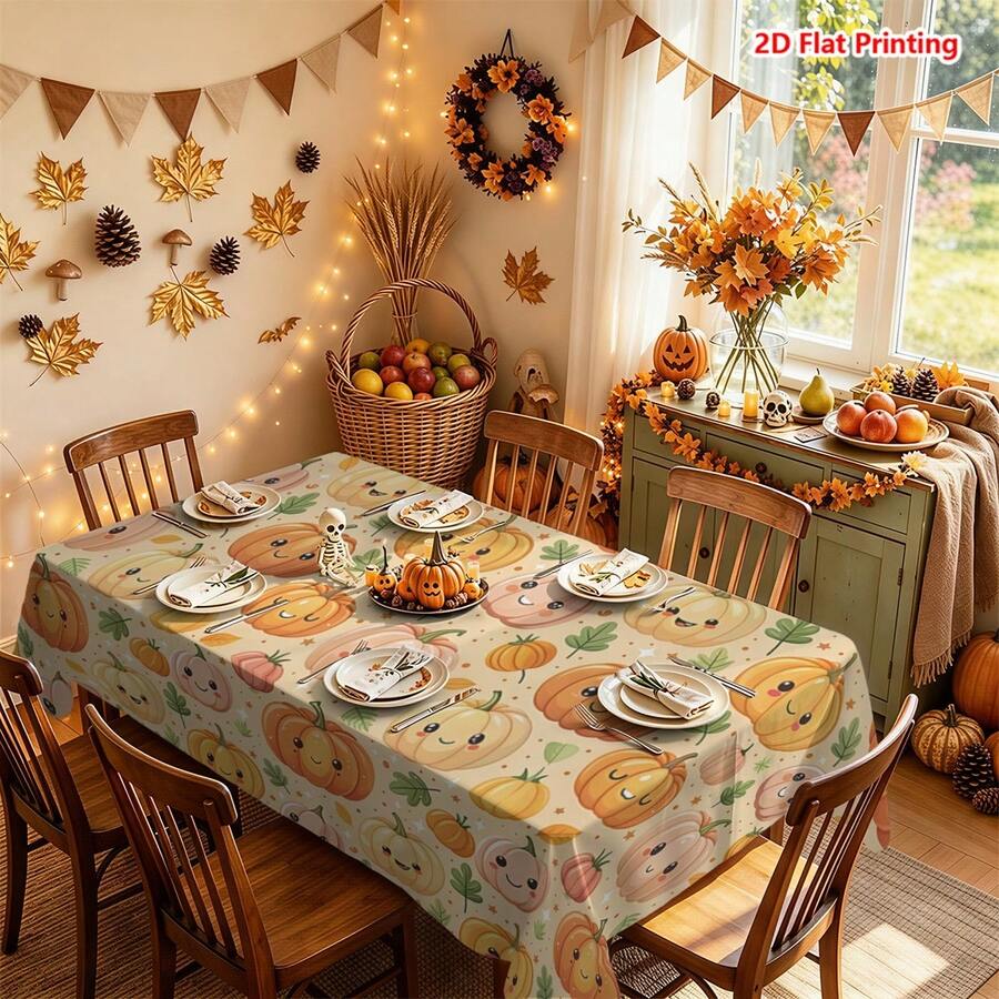 1/2pcs Autumn Tablecloth, Cute Cartoon Pumpkin Smiling Face Pattern Polyester Fiber Tablecloth Suitable For Kitchen, Dining Room, Coffee Table, Dining Table, Picnic, Camping, Country Farmhouse Decor, Autumn Thanksgiving Holiday Tabletop Protection And Beautification - Multicolor - View 1