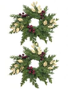 1/2pcs Red Berry & Gold Leaf Wreath - Artificial Green Pine Needle Candle Ring For Wedding Table Centerpiece, Holiday And Party Decor - A - View 11