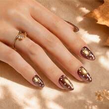 Beetles Maple Brown Cat Eye Press-On Nails, Short Almond Polka Dot False Nails With Glue & Adhesive Tabs, Ready-To-Press Fall Manicure Kit - Brown Cat Eye Short Almond Polka Dot Design - 查看 3