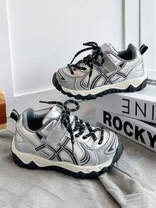 1 Pair Kids Vintage Dad Running Shoes, Suitable For Mid-To-Large Kids Daily Commute, Outdoor Sports, Street Style And Multiple Occasions - Silver - View 6