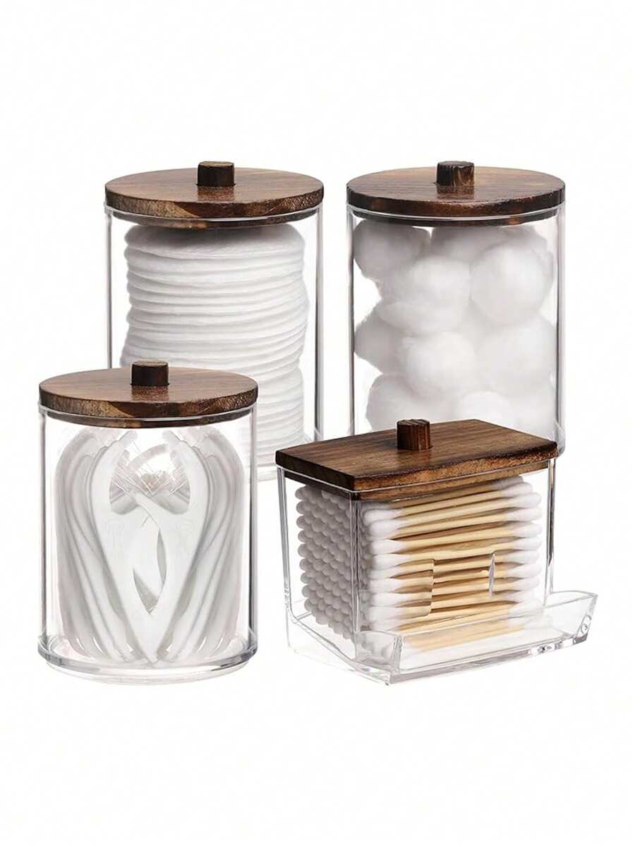 4 piezas Caja de almacenamiento de acrílico para bastoncillos de algodón, organizador de maquillaje con compartimentos divididos para bastoncillos de algodón, almohadillas redondas, palillos y artículos pequeños