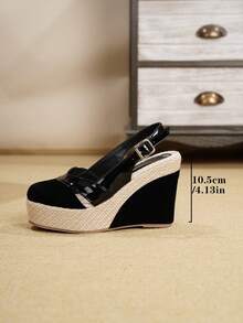 Bohemian Hollow Out Vacation Black Suede Wedge Heel Thick Sole Closed Toe Single Strap High Heel Shoes For All Seasons - Black - View 7