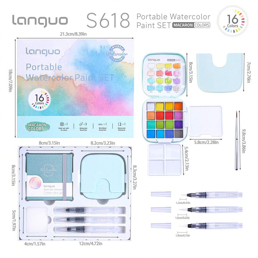 Languo 1pc 16 Colors Watercolor Paint Set, 5 Color Palettes & 2 Set Options, Solid Watercolor, Portable Full Set, Watercolor Paint, Sketching, Hand-Drawn Graffiti, Suitable For Beginners And Artists
