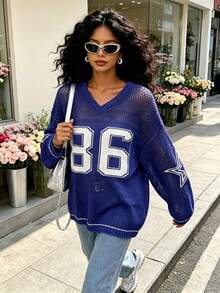 Sudadera oversize de verano para mujer, top de punto ligero y transpirable con estampado numérico, de corte holgado y unisex para primavera - azul real - Ver 2