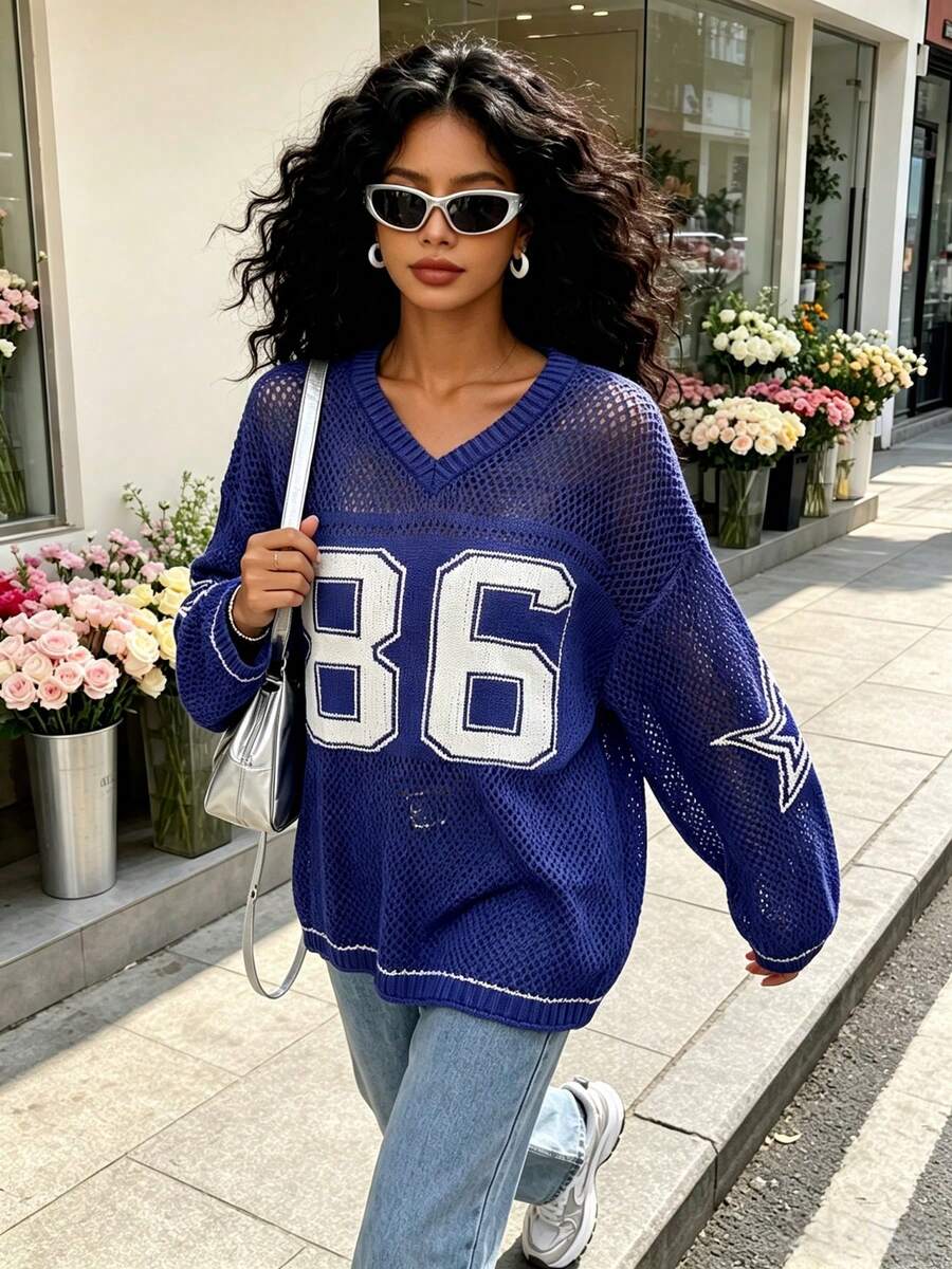 Sudadera oversize de verano para mujer, top de punto ligero y transpirable con estampado numérico, de corte holgado y unisex para primavera