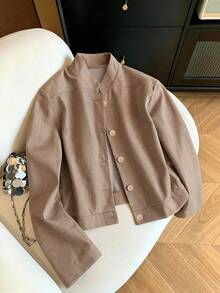 Elegant French Style Solid Color Front Button Office Casual Jacket For Women - Khaki - View 3