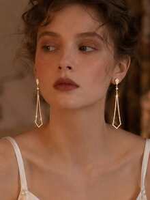 FAAABULS 1pc Rhombus Rhinestone Long Chain Tassel Drop Earrings, Hollow Rhombus Frame Pendant Earrings, Women's Daily Commute Party Evening Jewelry - Rhinestones - View 2
