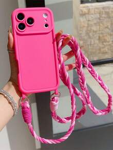 Minimalist Candy Color Crossbody Neck Long Strap Phone Case Compatible With IPhone 18 ProMax 18Pro 17 Pro Max 17 Pro 16 Pro Max 15 14 Pro Max 13 12 Pro 11 Shockproof Candy Crossbody Neck Cord Long Strap Braid Soft Camera Protection Anti-Drop Cover - Hot Pink - View 2