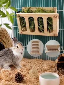 1pc Rabbit Feed Rack Solid Wood Folding Hay Rack, Can Be Hung In A Cage, Equipped With Sturdy And Durable Natural Wood And Hemp Rope Hooks For Easy Installation, Suitable For Pet Grass Box Feeding Products For Rabbits And Guinea Pigs. - D - View 3