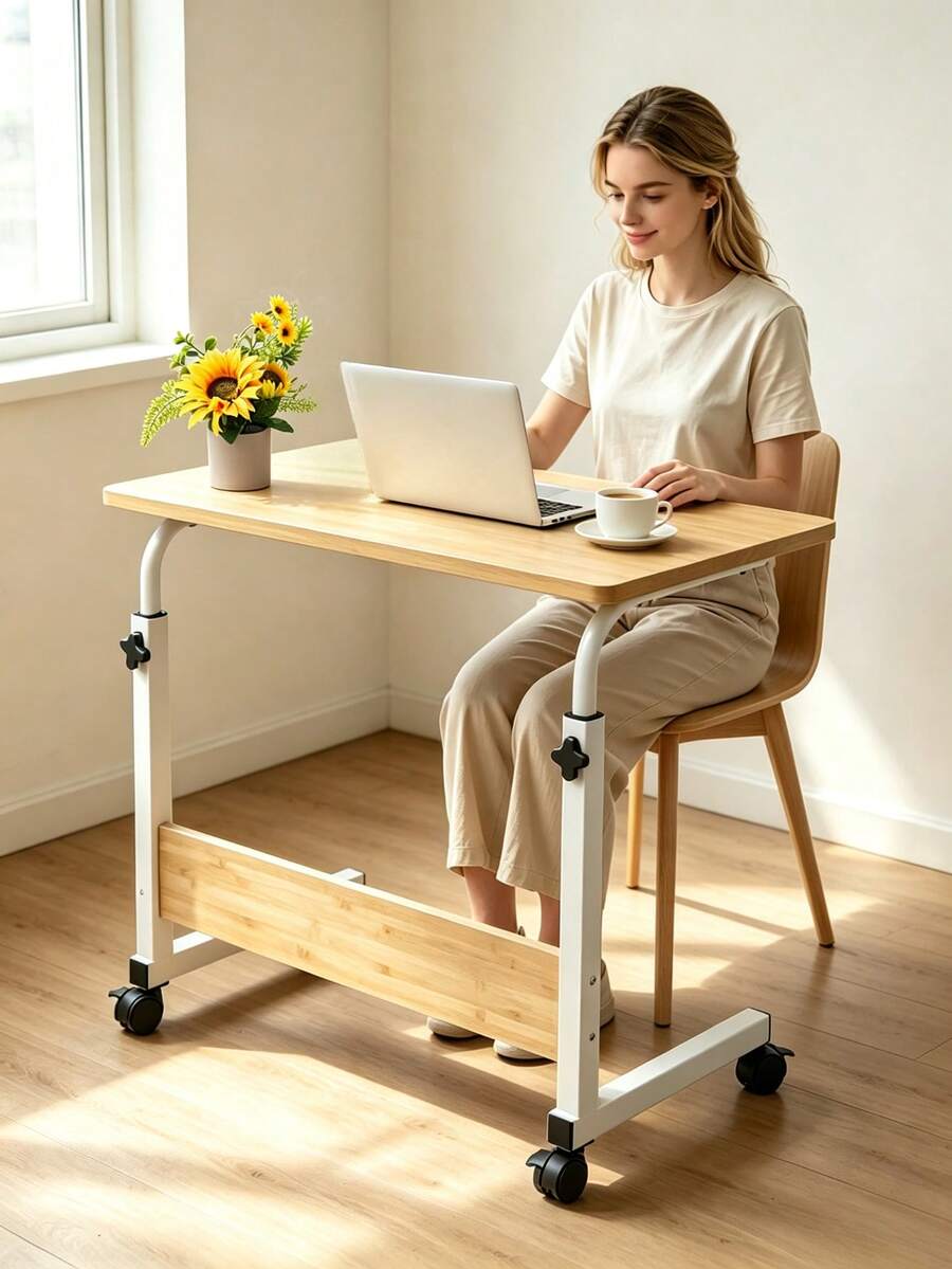 1 Pieza Mesa de Noche Móvil Ajustable en Altura (Decoraciones de Escritorio No Incluidas), Equipada con Ruedas Universales Bloqueables, Altura Ajustable Libremente, Escritorio de Computadora Móvil Simple, Adecuado para Trabajar en el Dormitorio y Estudiar al Lado del Sofá. - Multicolor - Ver 1