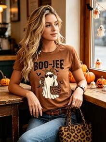 Women's Casual Crew Neck T-Shirt Boo-Jee Leopard Print Printed T-Shirt, Soft Stretchy Casual Short Sleeve Top, Machine Washable, Halloween Costume - Brown - View 3