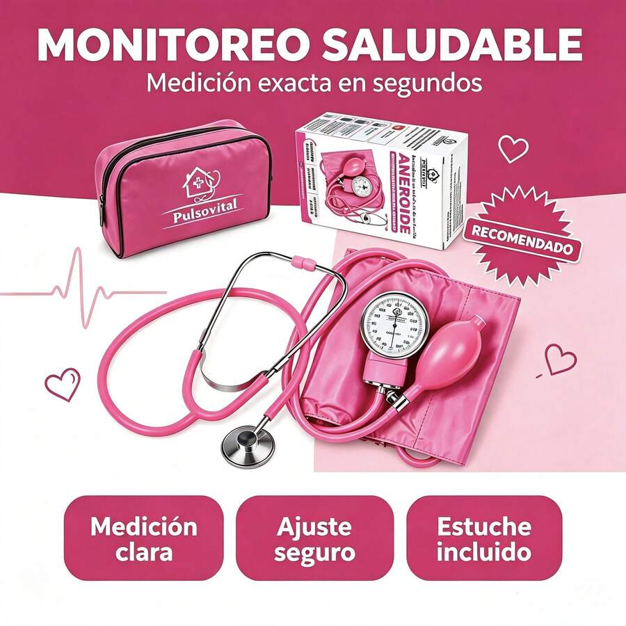 Kit Baumanómetro Aneroide Pulsovital Color Rojo con Estetoscopio, Brazalete Ajustable 22-32cm para Adultos, Equipo Manual para Medición de Presión Arterial - Rosa Roja - Ver 1